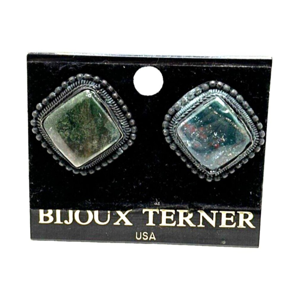 Vintage Bijoux Terner Moss Agate Earrings Dark Blue Green Stone Clip On 1 1/4"